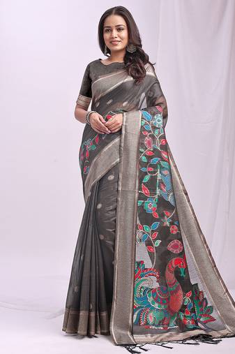 Grey handwoven linen cotton blend saree with multicolor peacock motif pallu & zari border