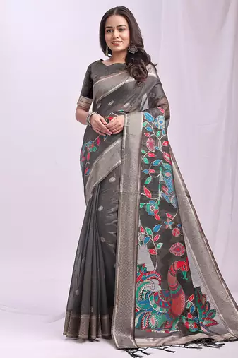 Grey handwoven linen cotton blend saree with multicolor peacock motif pallu & zari border