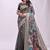 Grey handwoven linen cotton blend saree with multicolor peacock motif pallu & zari border