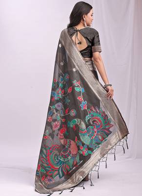 Grey handwoven linen cotton blend saree with multicolor peacock motif pallu & zari border 2