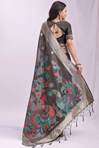 Grey handwoven linen cotton blend saree with multicolor peacock motif pallu & zari border