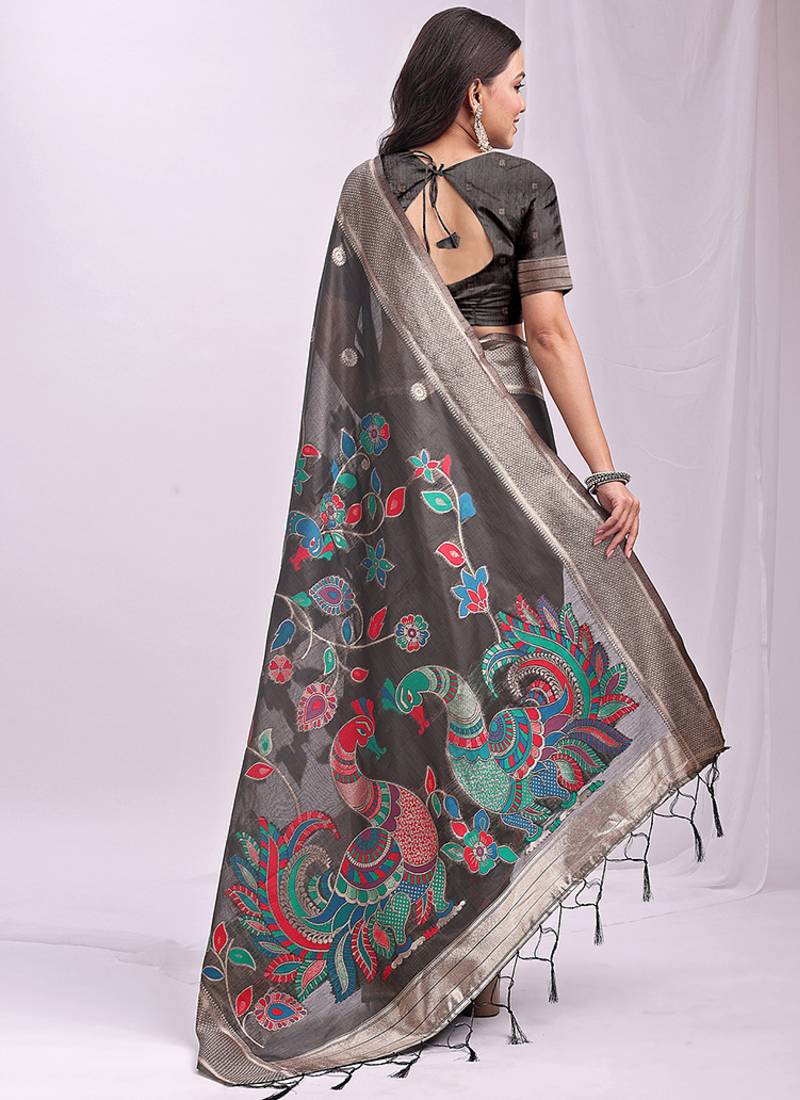 Grey handwoven linen cotton blend saree with multicolor peacock motif pallu & zari border