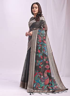 Grey handwoven linen cotton blend saree with multicolor peacock motif pallu & zari border 3