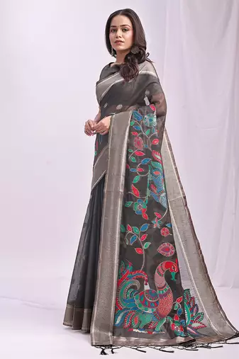 Grey handwoven linen cotton blend saree with multicolor peacock motif pallu & zari border