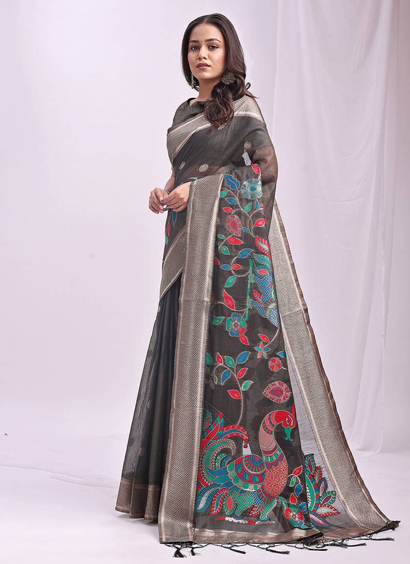 Grey handwoven linen cotton blend saree with multicolor peacock motif pallu & zari border