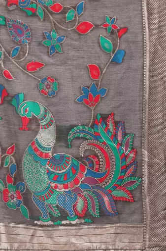 Grey handwoven linen cotton blend saree with multicolor peacock motif pallu & zari border