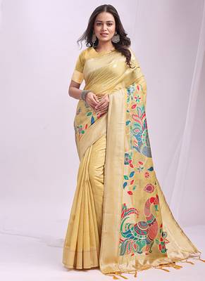Beige handwoven linen cotton blend saree with multicolor peacock motif pallu & zari border 1