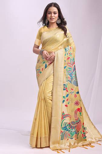Beige handwoven linen cotton blend saree with multicolor peacock motif pallu & zari border