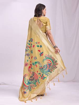 Beige handwoven linen cotton blend saree with multicolor peacock motif pallu & zari border 2