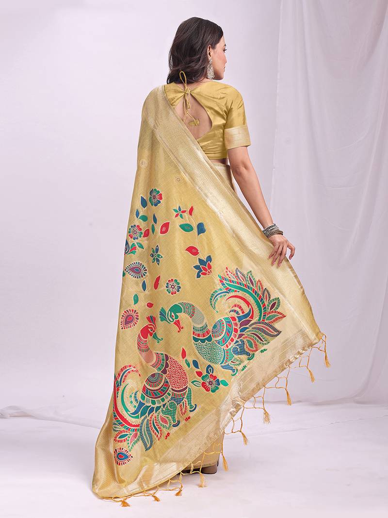 Beige handwoven linen cotton blend saree with multicolor peacock motif pallu & zari border