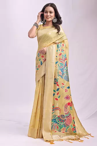 Beige handwoven linen cotton blend saree with multicolor peacock motif pallu & zari border