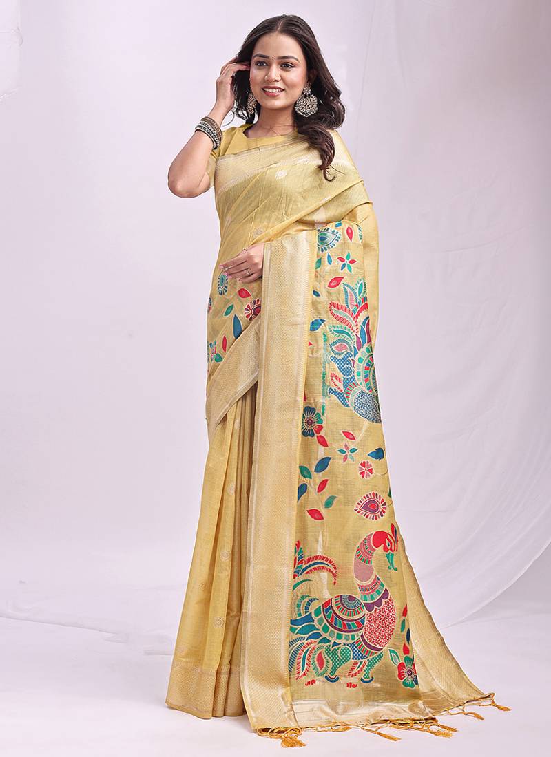 Beige handwoven linen cotton blend saree with multicolor peacock motif pallu & zari border