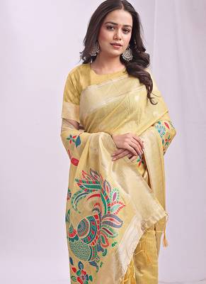 Beige handwoven linen cotton blend saree with multicolor peacock motif pallu & zari border 4