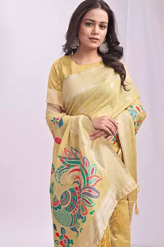 Beige handwoven linen cotton blend saree with multicolor peacock motif pallu & zari border
