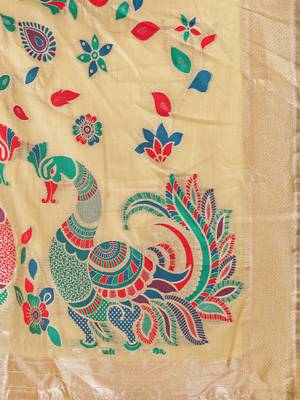 Beige handwoven linen cotton blend saree with multicolor peacock motif pallu & zari border 5