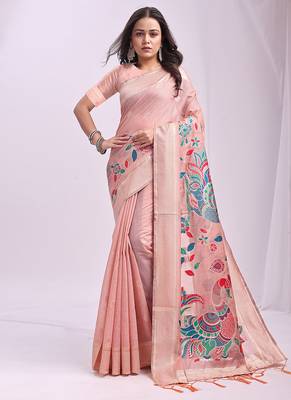 Light pink handwoven linen cotton blend saree with multicolor peacock motif pallu & zari border 1