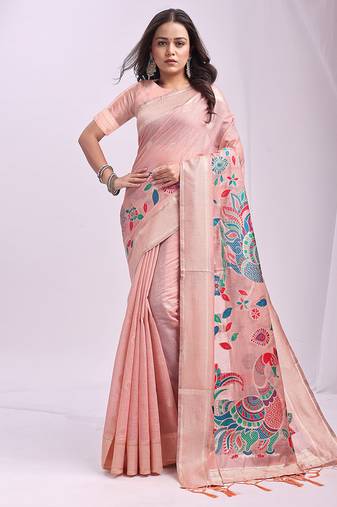 Light pink handwoven linen cotton blend saree with multicolor peacock motif pallu & zari border