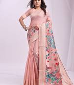 Light pink handwoven linen cotton blend saree with multicolor peacock motif pallu & zari border