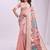 Light pink handwoven linen cotton blend saree with multicolor peacock motif pallu & zari border
