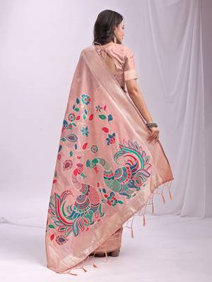 Light pink handwoven linen cotton blend saree with multicolor peacock motif pallu & zari border 2