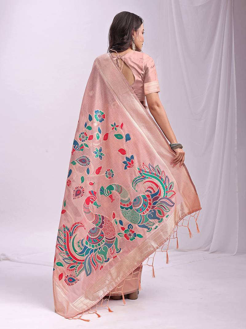 Light pink handwoven linen cotton blend saree with multicolor peacock motif pallu & zari border