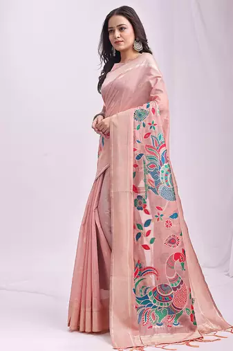 Light pink handwoven linen cotton blend saree with multicolor peacock motif pallu & zari border