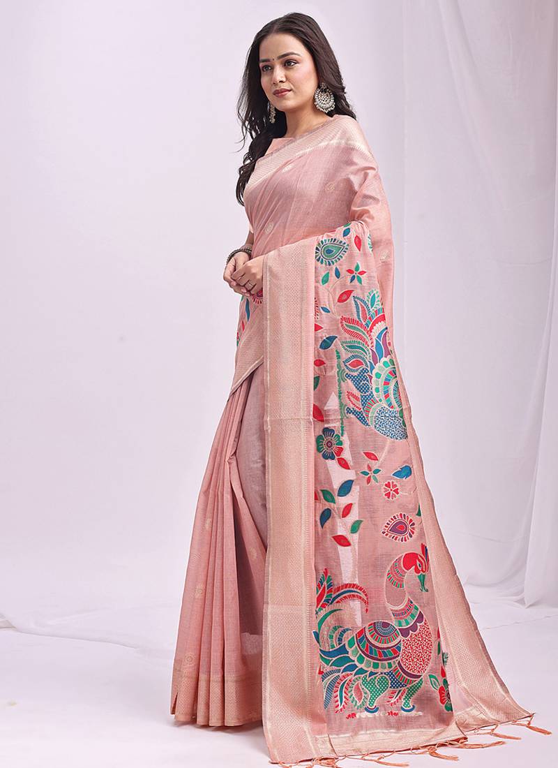 Light pink handwoven linen cotton blend saree with multicolor peacock motif pallu & zari border
