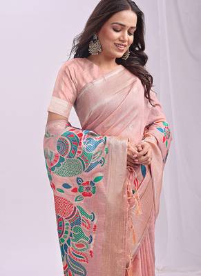 Light pink handwoven linen cotton blend saree with multicolor peacock motif pallu & zari border 4