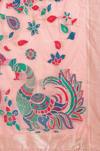 Light pink handwoven linen cotton blend saree with multicolor peacock motif pallu & zari border