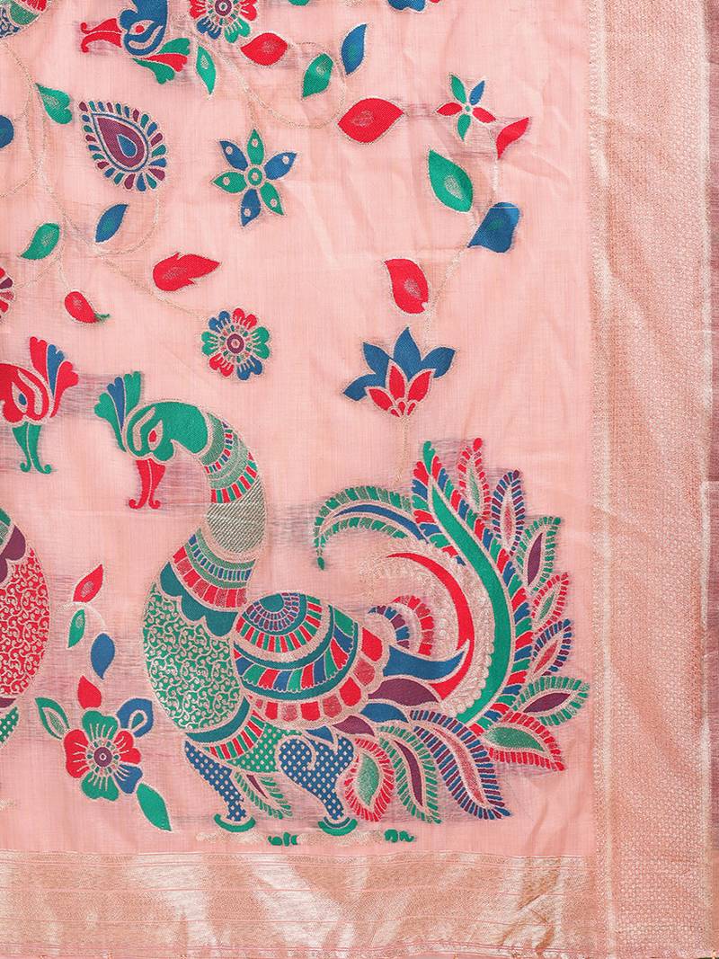 Light pink handwoven linen cotton blend saree with multicolor peacock motif pallu & zari border