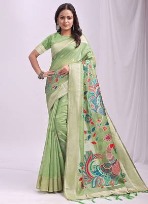 Light green handwoven linen cotton blend saree with multicolor peacock motif pallu & zari border 1