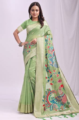 Light green handwoven linen cotton blend saree with multicolor peacock motif pallu & zari border