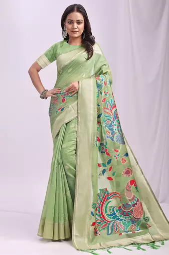 Light green handwoven linen cotton blend saree with multicolor peacock motif pallu & zari border
