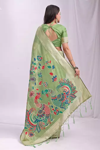 Light green handwoven linen cotton blend saree with multicolor peacock motif pallu & zari border