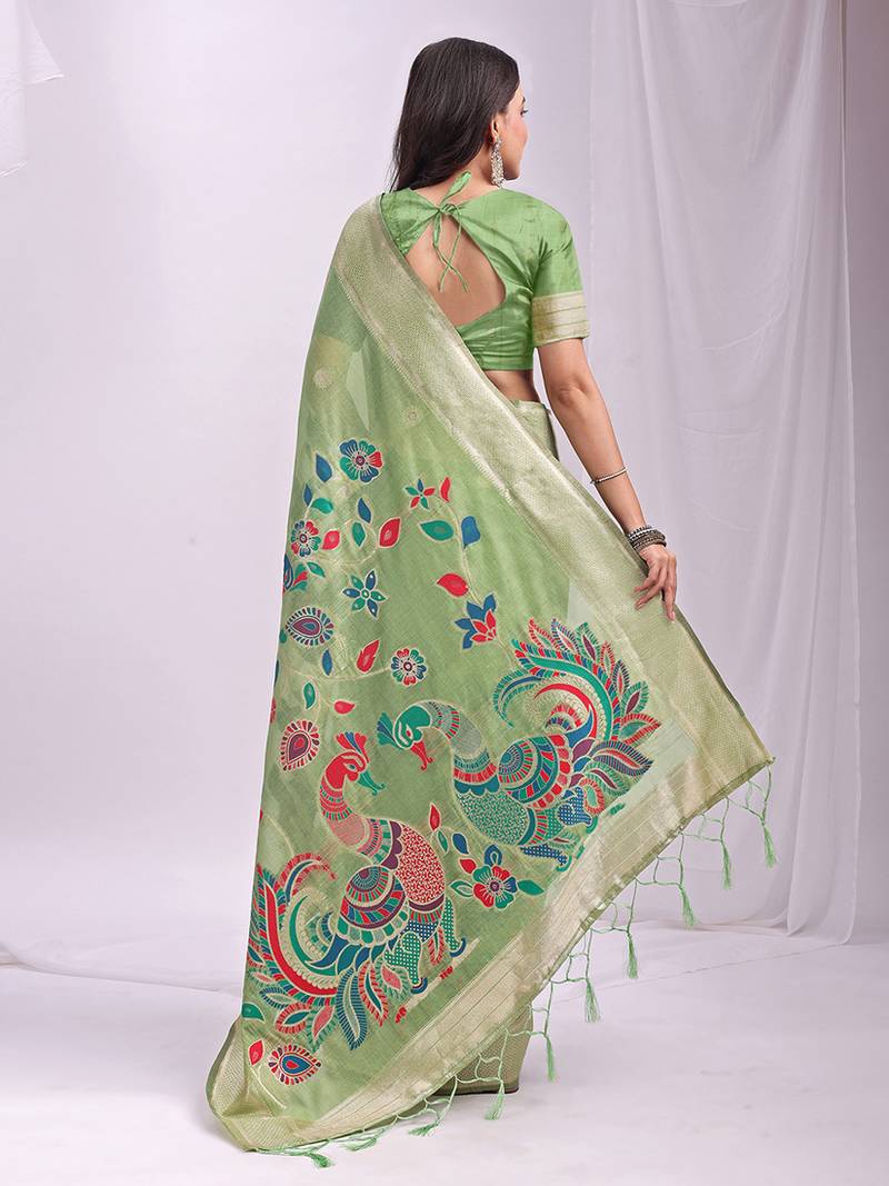Light green handwoven linen cotton blend saree with multicolor peacock motif pallu & zari border