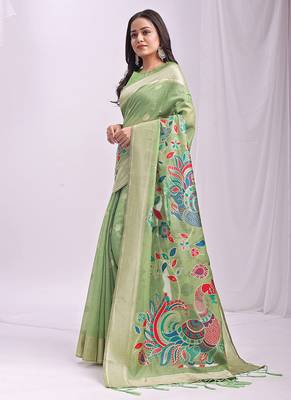 Light green handwoven linen cotton blend saree with multicolor peacock motif pallu & zari border 3