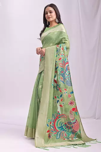 Light green handwoven linen cotton blend saree with multicolor peacock motif pallu & zari border