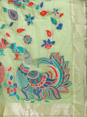Light green handwoven linen cotton blend saree with multicolor peacock motif pallu & zari border 5