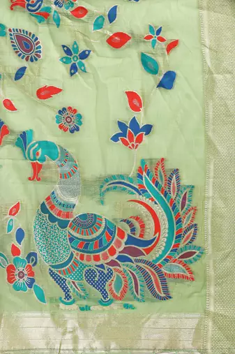 Light green handwoven linen cotton blend saree with multicolor peacock motif pallu & zari border