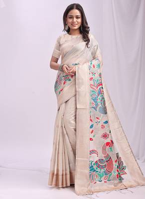 Off white handwoven linen cotton blend saree with multicolor peacock motif pallu & zari border 1