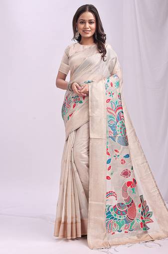 Off white handwoven linen cotton blend saree with multicolor peacock motif pallu & zari border