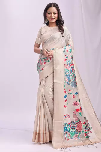 Off white handwoven linen cotton blend saree with multicolor peacock motif pallu & zari border