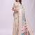 Off white handwoven linen cotton blend saree with multicolor peacock motif pallu & zari border