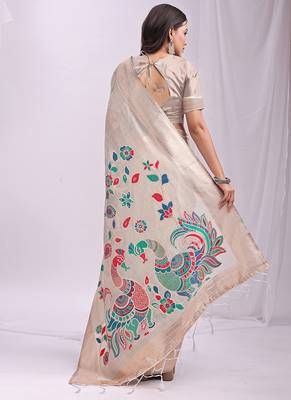 Off white handwoven linen cotton blend saree with multicolor peacock motif pallu & zari border 2