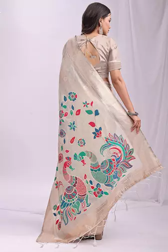 Off white handwoven linen cotton blend saree with multicolor peacock motif pallu & zari border