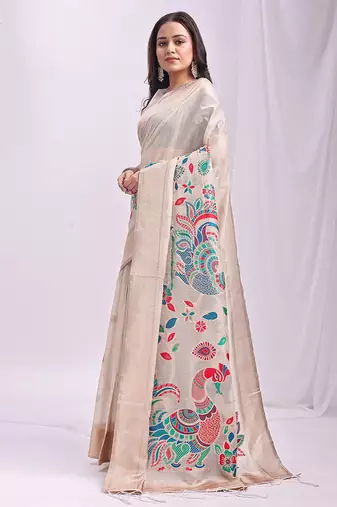 Off white handwoven linen cotton blend saree with multicolor peacock motif pallu & zari border