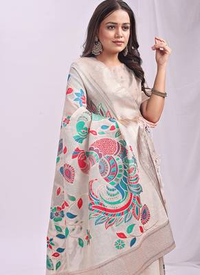 Off white handwoven linen cotton blend saree with multicolor peacock motif pallu & zari border 4