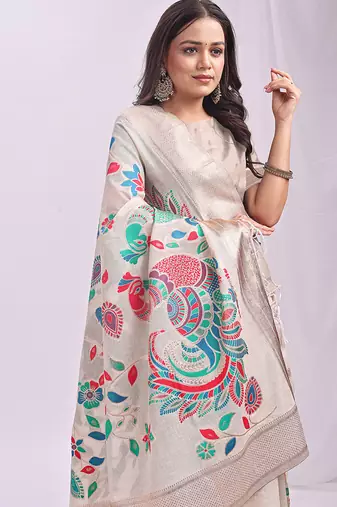 Off white handwoven linen cotton blend saree with multicolor peacock motif pallu & zari border
