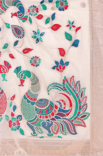 Off white handwoven linen cotton blend saree with multicolor peacock motif pallu & zari border