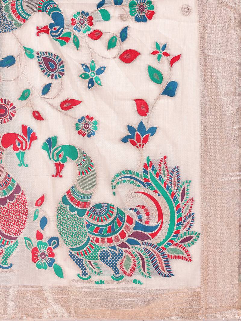 Off white handwoven linen cotton blend saree with multicolor peacock motif pallu & zari border